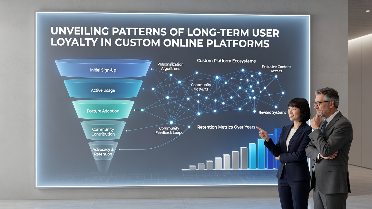 Data visualization of loyalty patterns in custom platforms with graphs depicting user retention over time and engagement heatmaps
